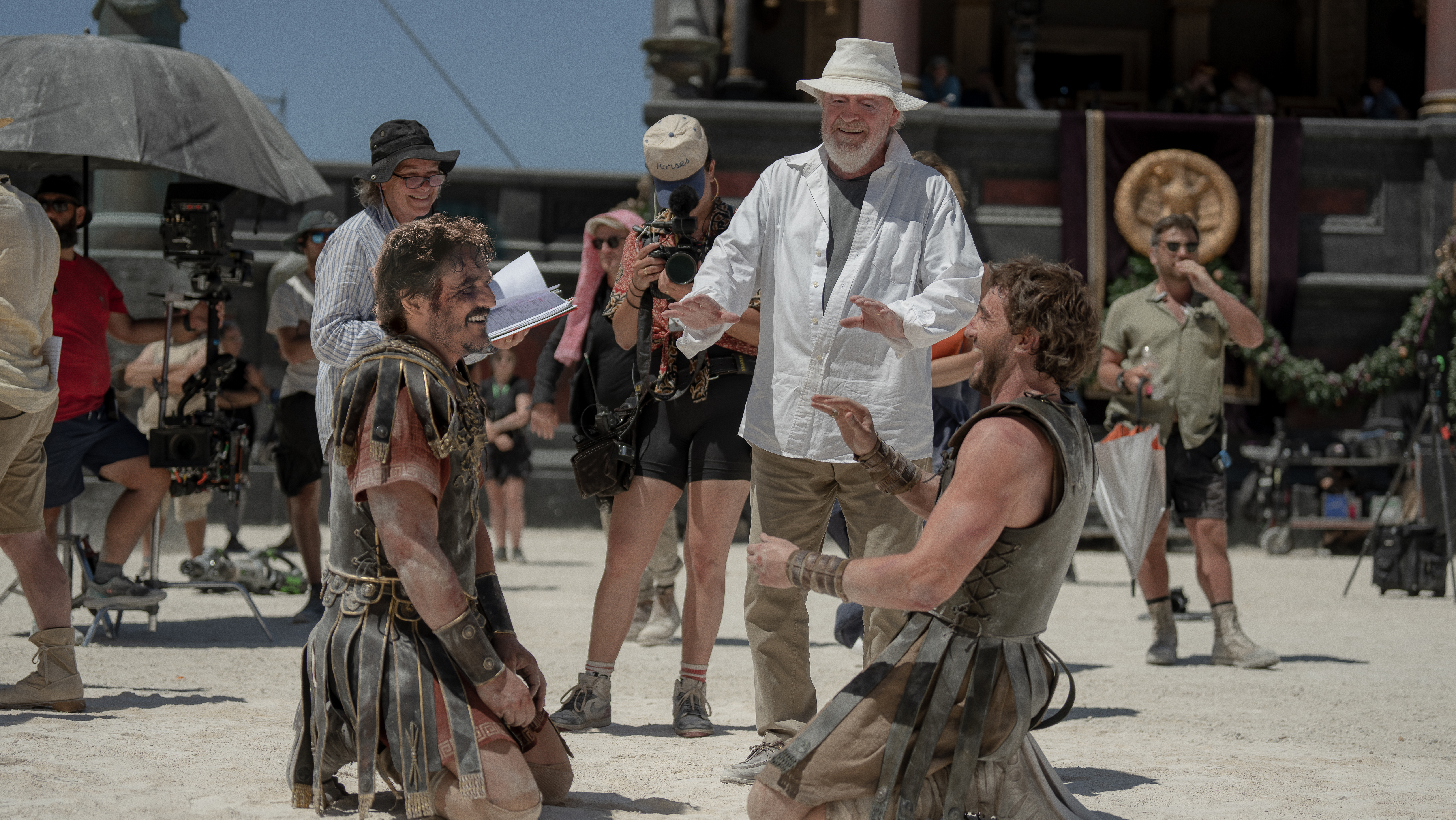 Pedro Pascal, Director Ridley Scott and Paul Mescal on the set of Gladiator II